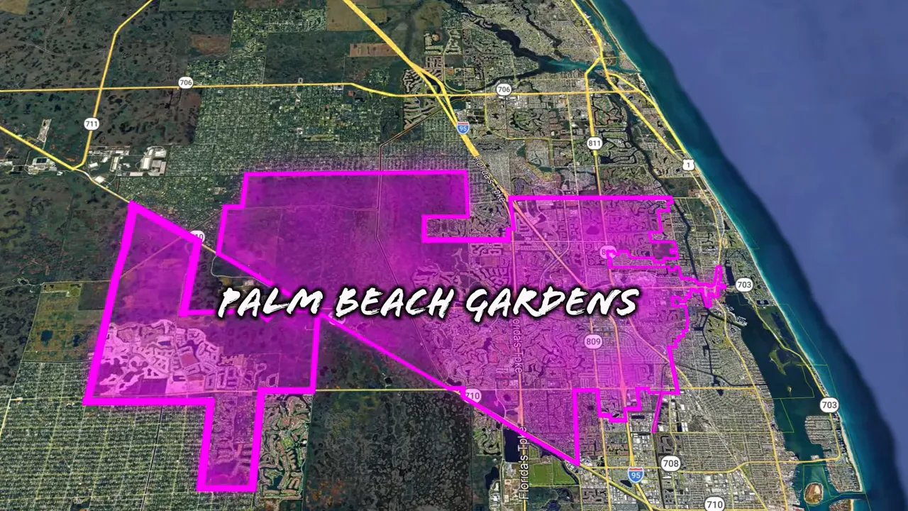 Map graphic highlighting Palm Beach Gardens along the coast