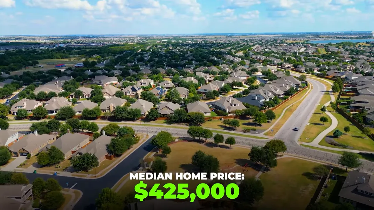 Aerial drone shot of a suburban neighborhood with on-screen text reading 'Median home price: $425,000'.