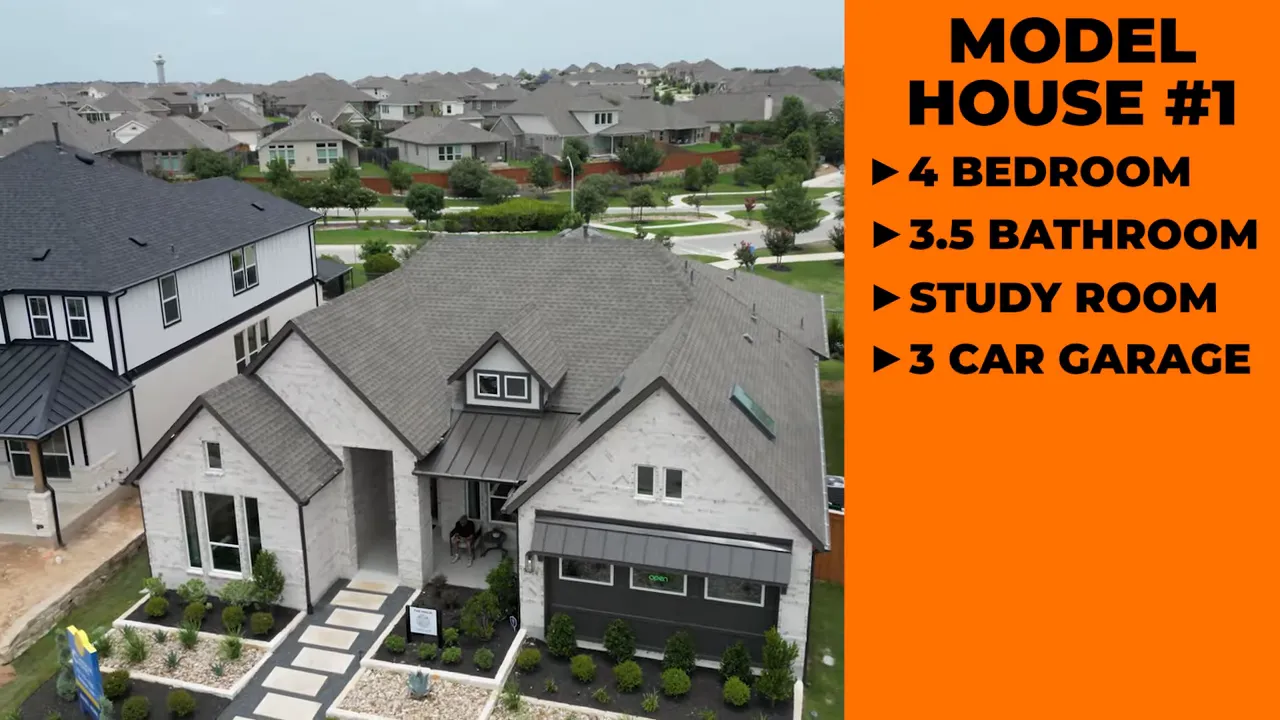 Orange pricing graphic listing model home features beside aerial neighborhood view