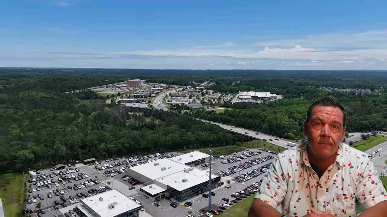 Water tower marked Columbia above suburban neighborhood streets