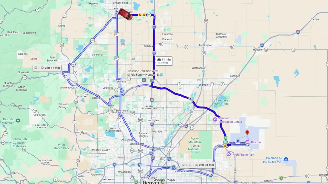 Driving route map with visible travel time estimate near Longmont Colorado