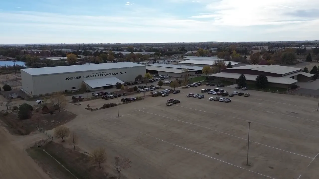 Clear wide aerial view of Boulder County Fairgrounds Park and grounds