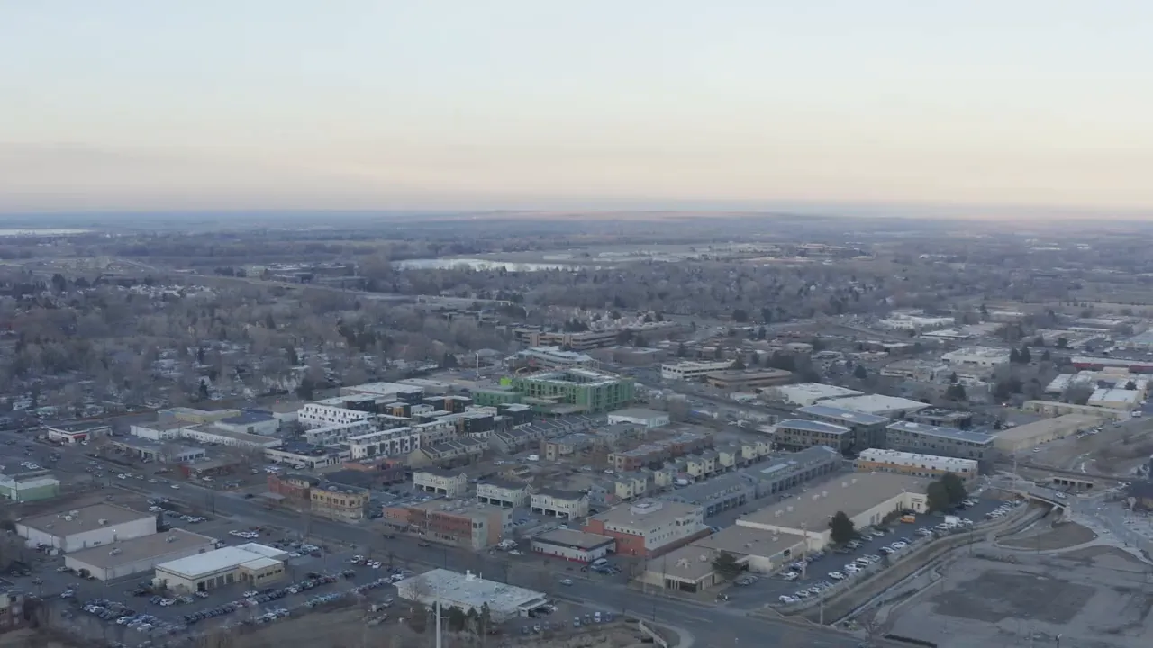 Aerial view over Longmont Colorado neighborhoods and streets