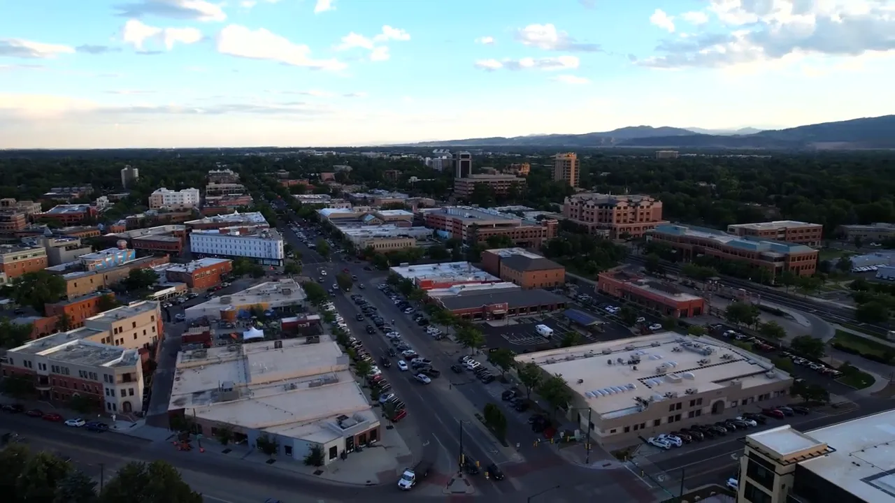 Aerial view of downtown Longmont, Colorado with streets and buildings