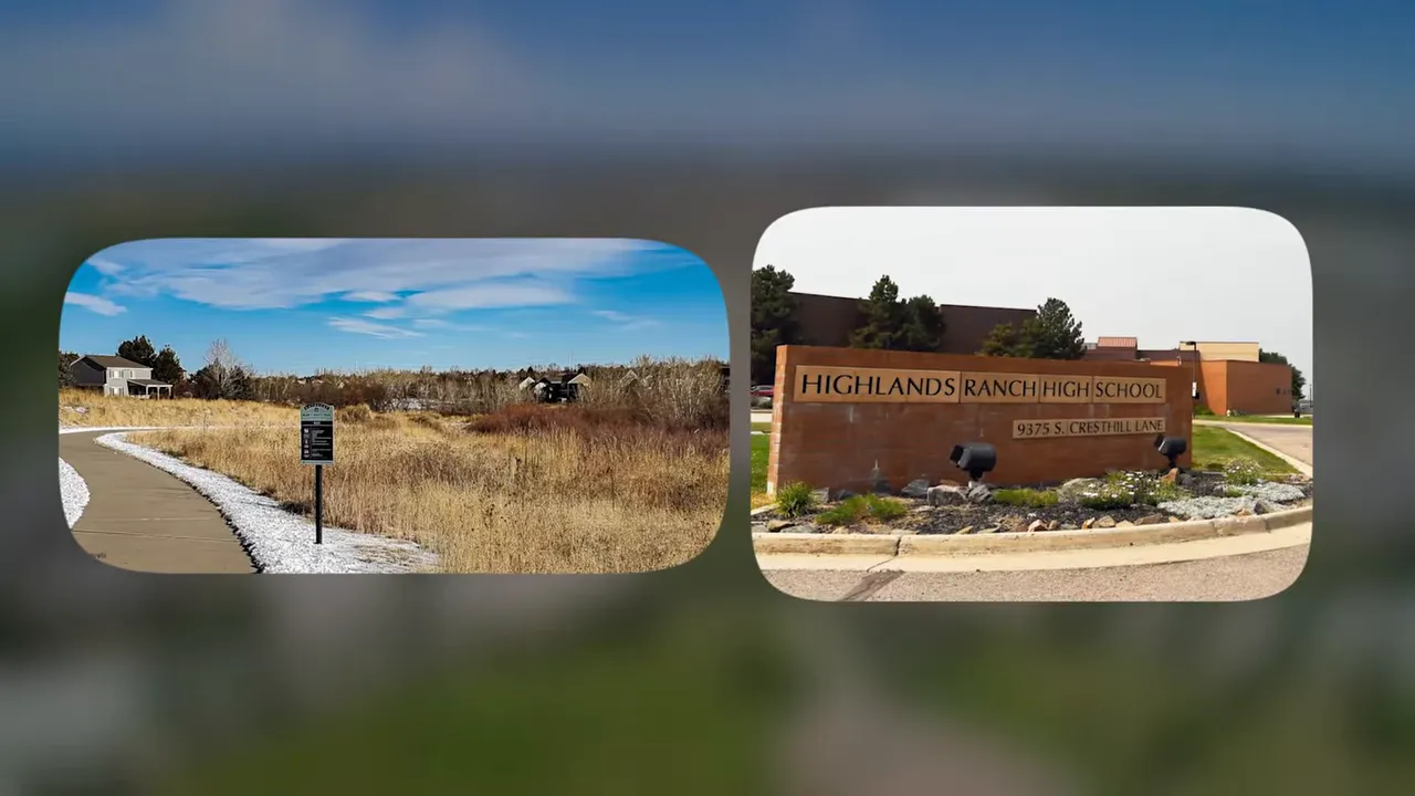 Split-screen view of Highlands Ranch neighborhood road and Highlands Ranch High School sign