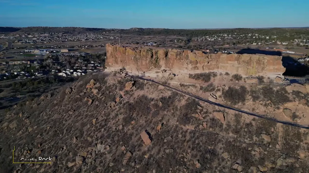 Aerial view of Castle Rock area cliffs and development in the Denver metro