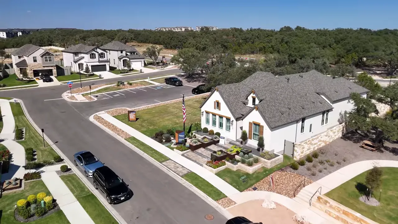 Aerial view of homes and streets in West Bend at Wolf Ranch, Georgetown TX