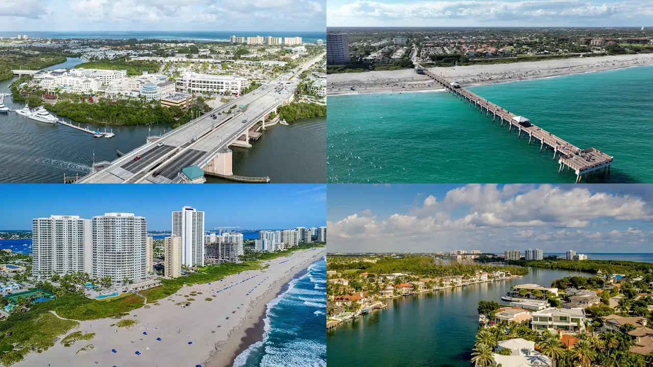 Four panel collage of bridges turquoise water beachfront towers and waterfront homes