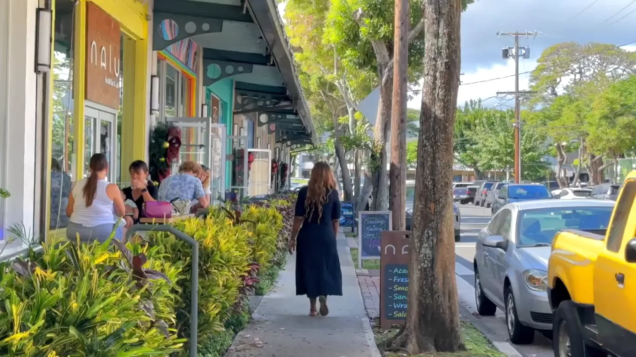Street scene along a sidewalk with trees, local shops, and people in Oahu