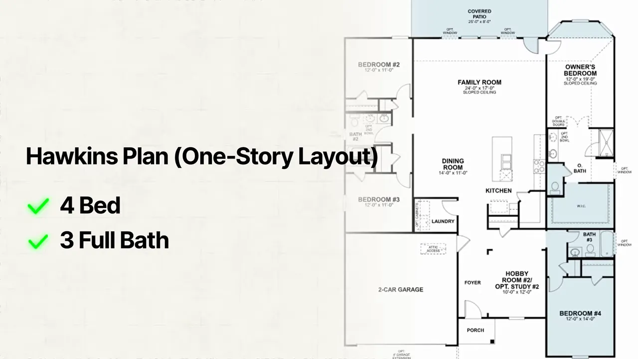 floor plan graphic for Hawkins one story layout showing 4 bed 3 full baths and 2300 square feet