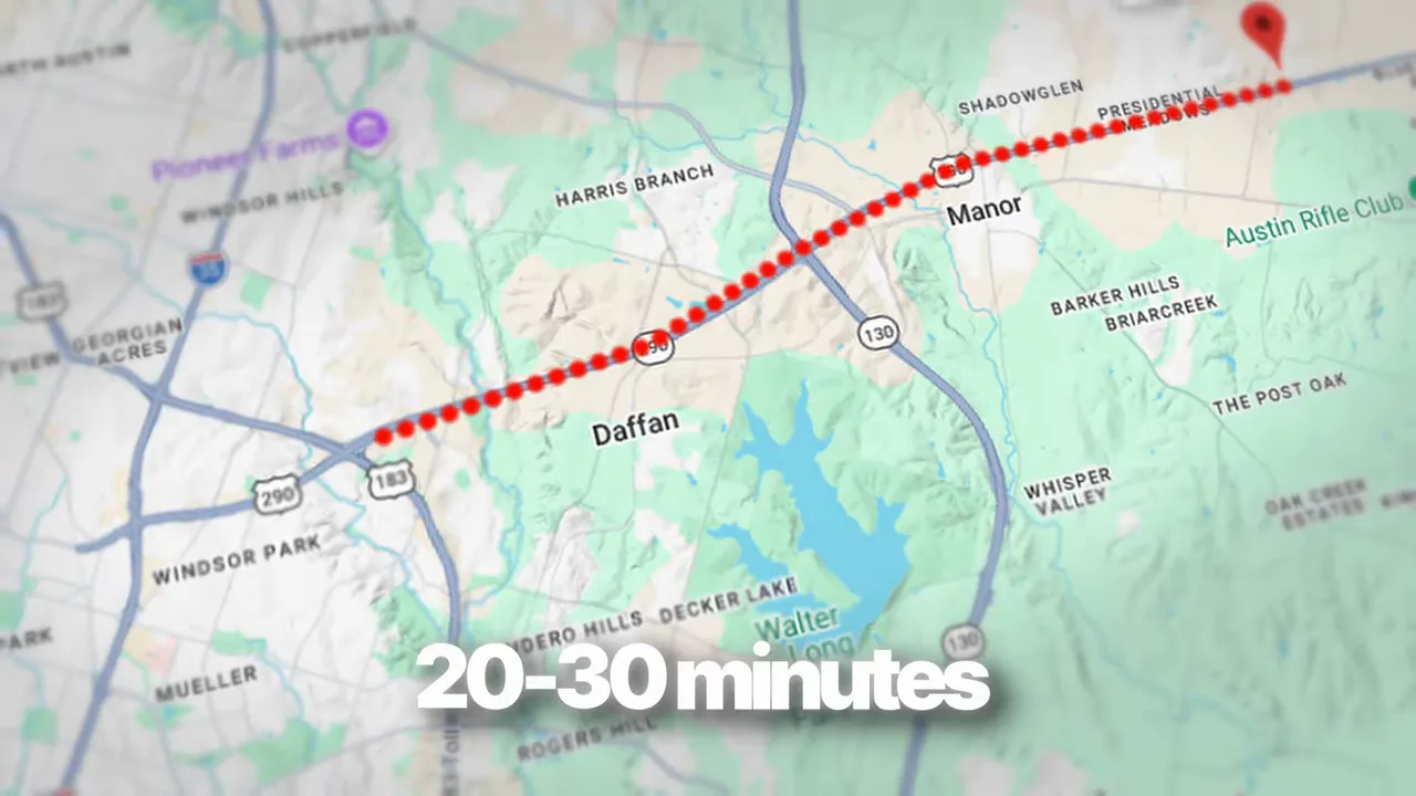 map showing route line from Manor toward downtown Austin with 20 to 30 minutes text