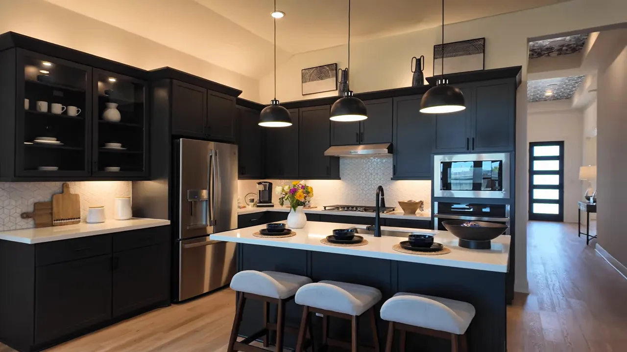 open kitchen dining and living space with dark cabinets island and large windows