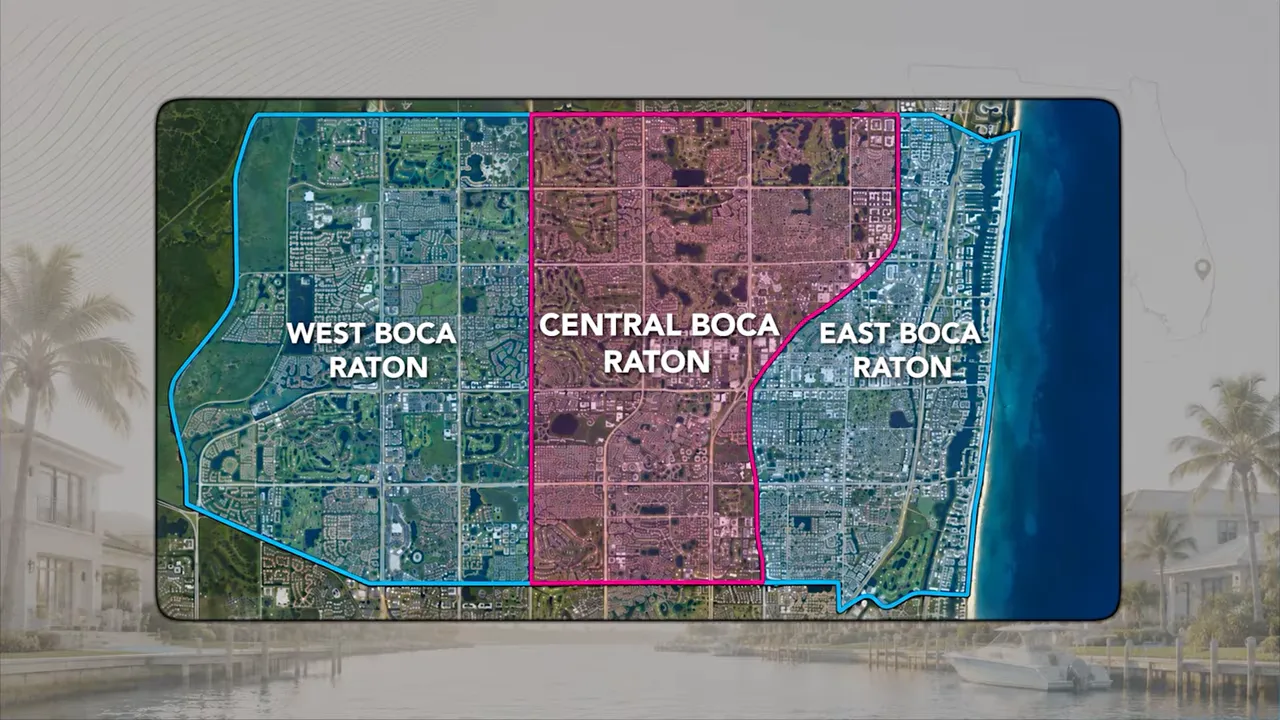 Map dividing Boca Raton into west, central, and east areas