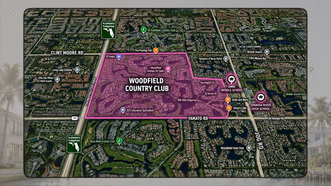 Map highlighting the Woodfield Country Club community