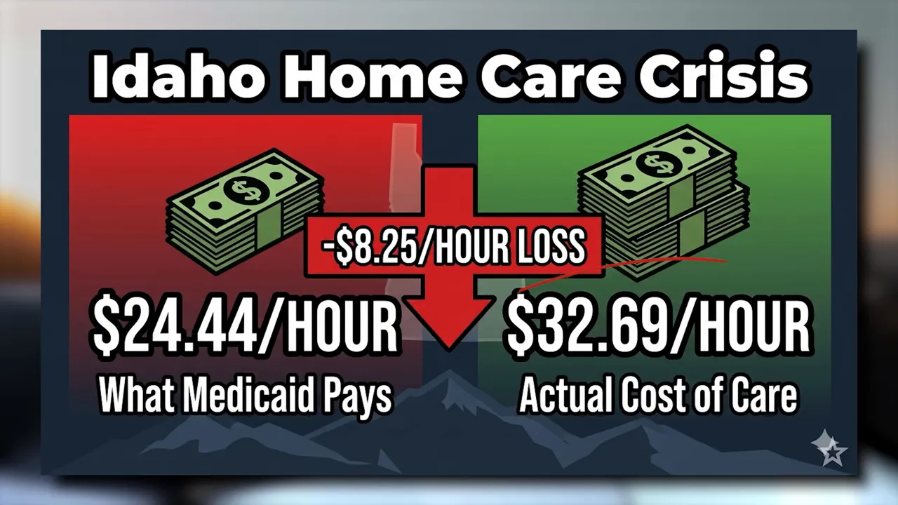 Graphic titled Idaho Home Care Crisis comparing 24.44 dollars per hour paid by Medicaid with 32.69 dollars per hour actual cost of care