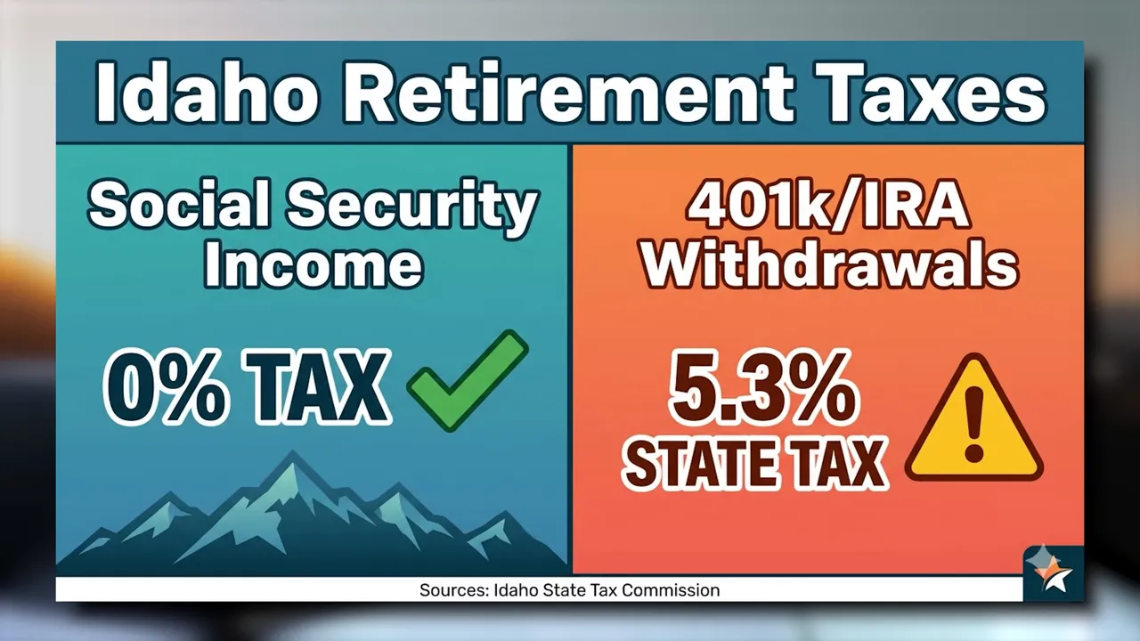 Graphic comparing zero tax on Social Security income with 5.3 percent state tax on 401k and IRA withdrawals