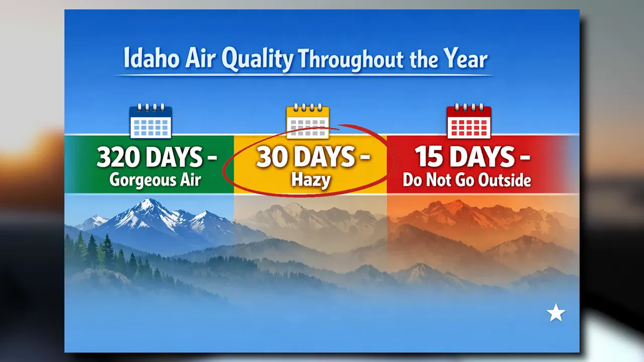 Graphic showing Idaho air quality estimates of 320 gorgeous days 30 hazy days and 15 days not to go outside