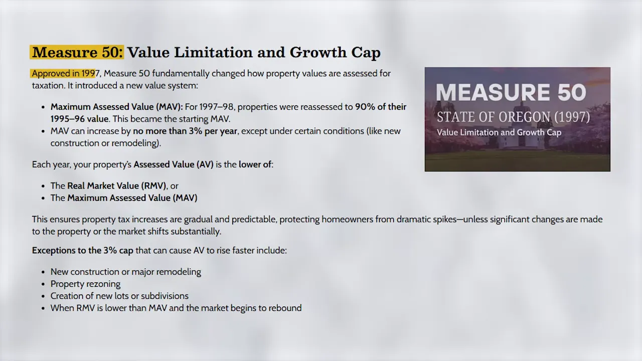 Slide titled Measure 50 value limitation and growth cap with highlighted bullet points