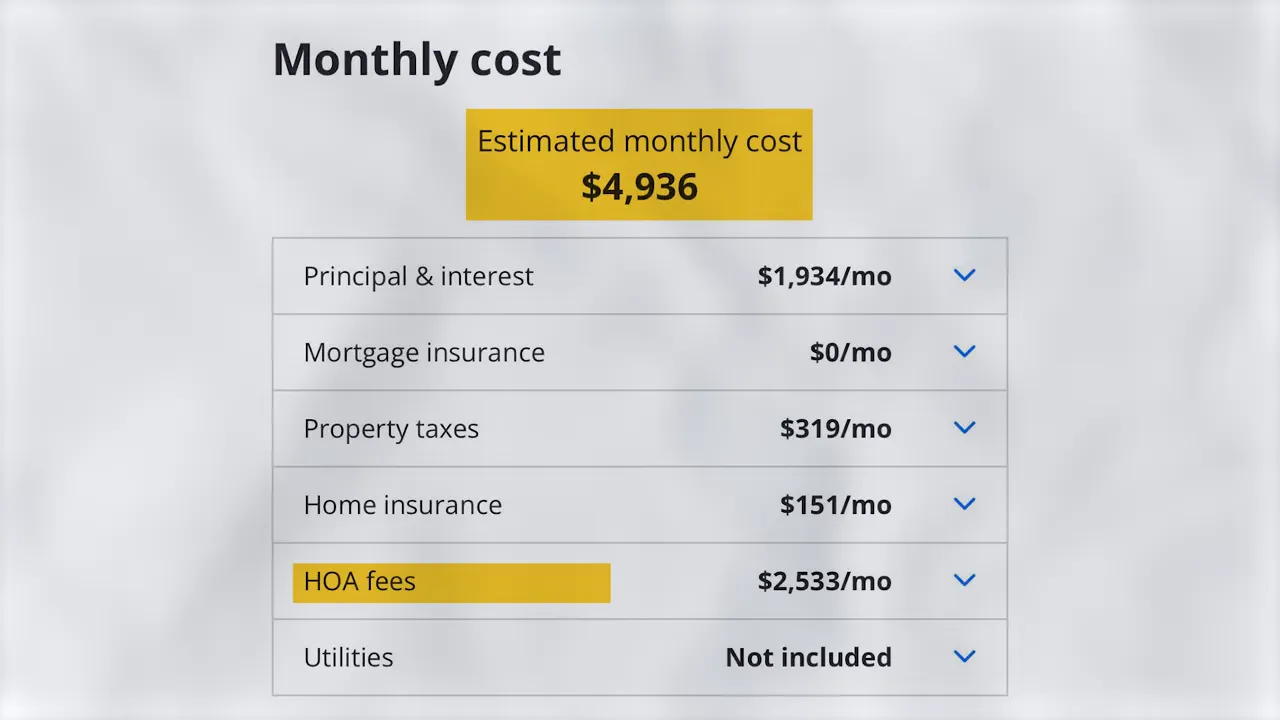 Monthly cost breakdown with HOA fees highlighted at 2333 per month