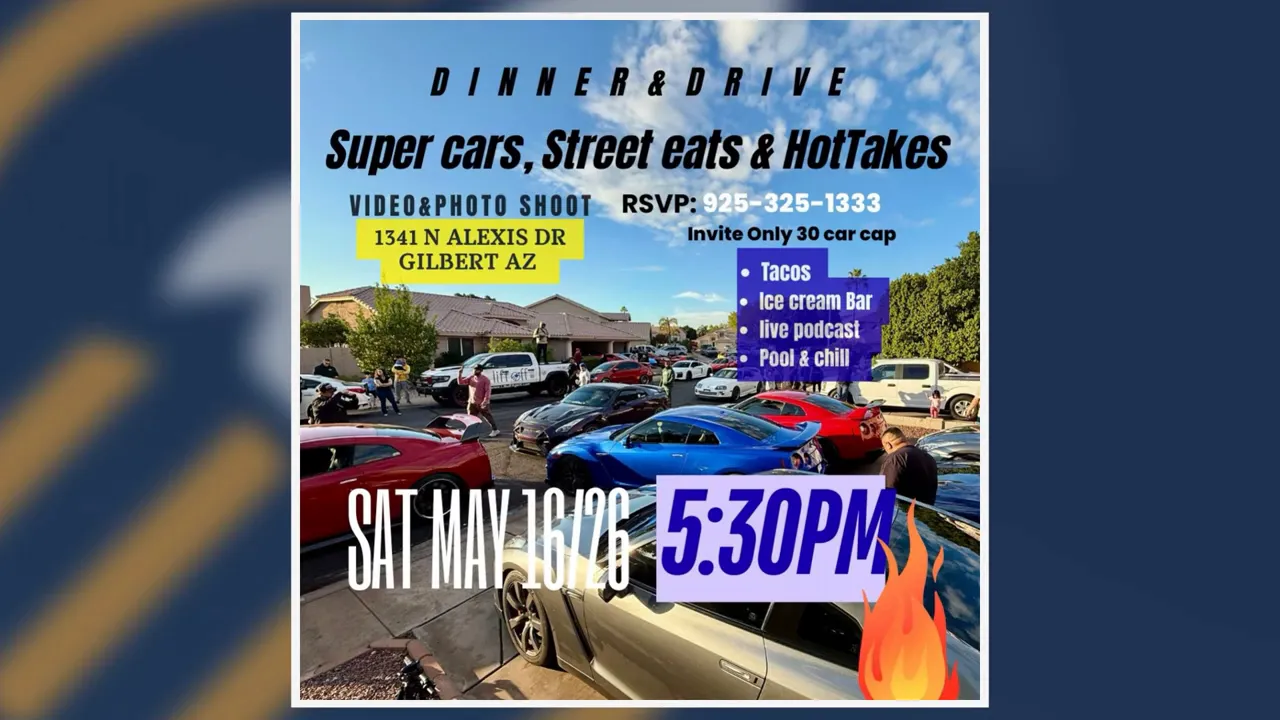 promotional flyer for a car event with date time and event details