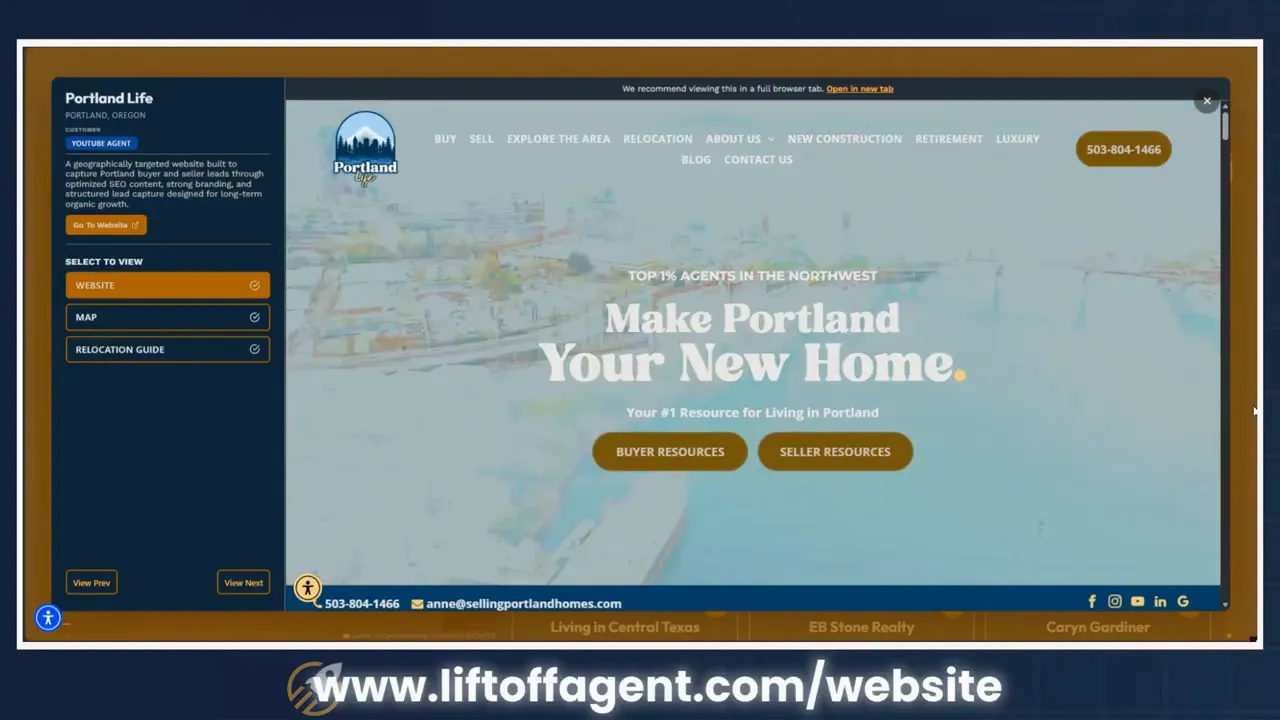 real estate website homepage with aerial city view and make portland your new home headline