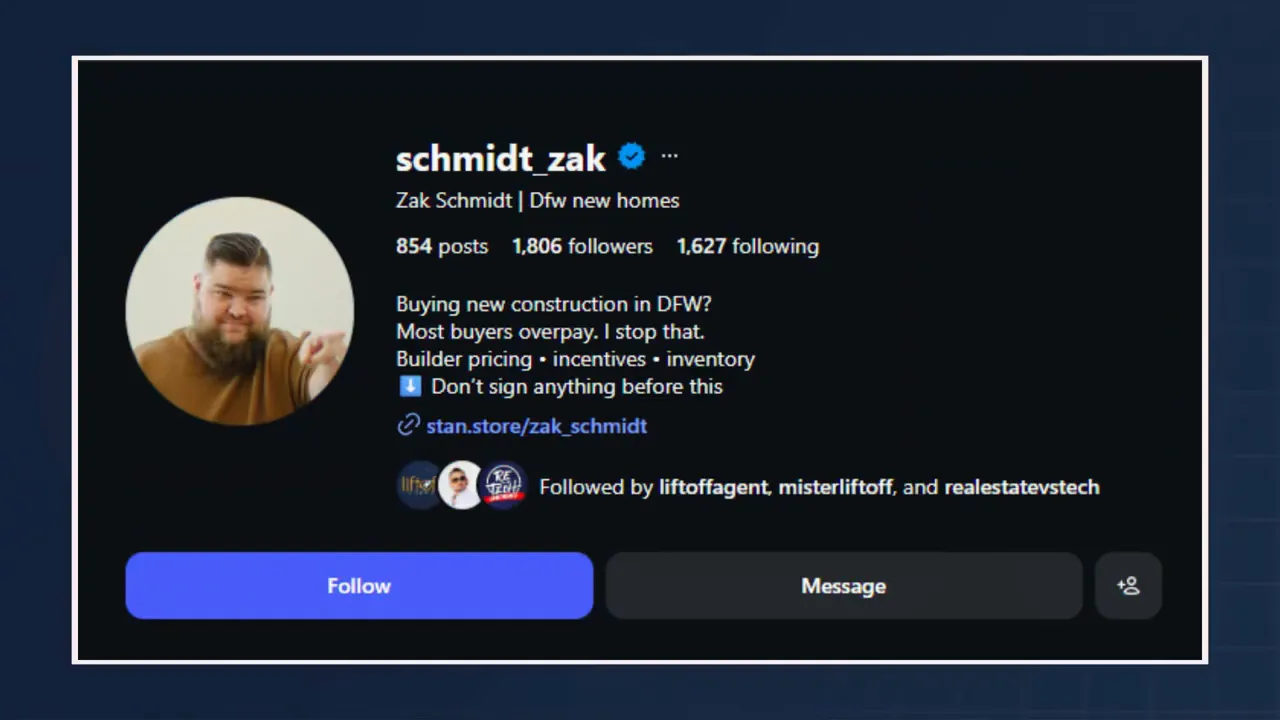 social media profile for schmidt zak with real estate branding and follower details
