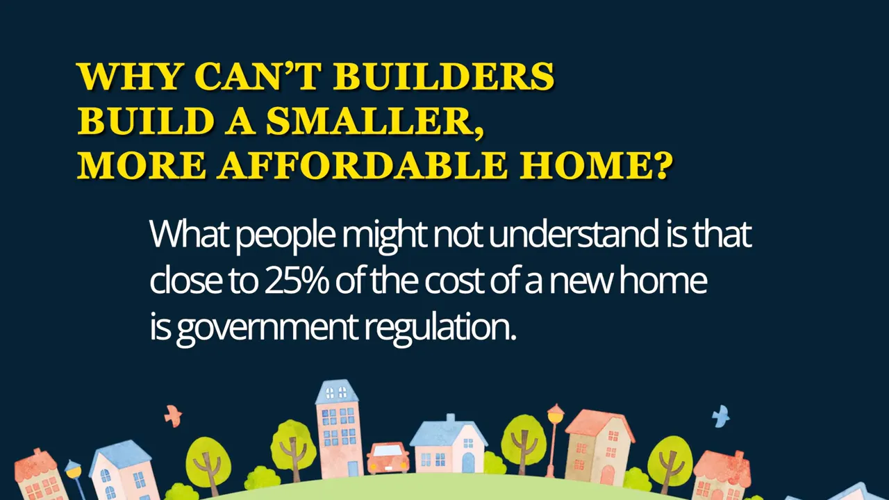 Clear slide stating that close to 25% of the cost of a new home is government regulation with a row of illustrated houses.