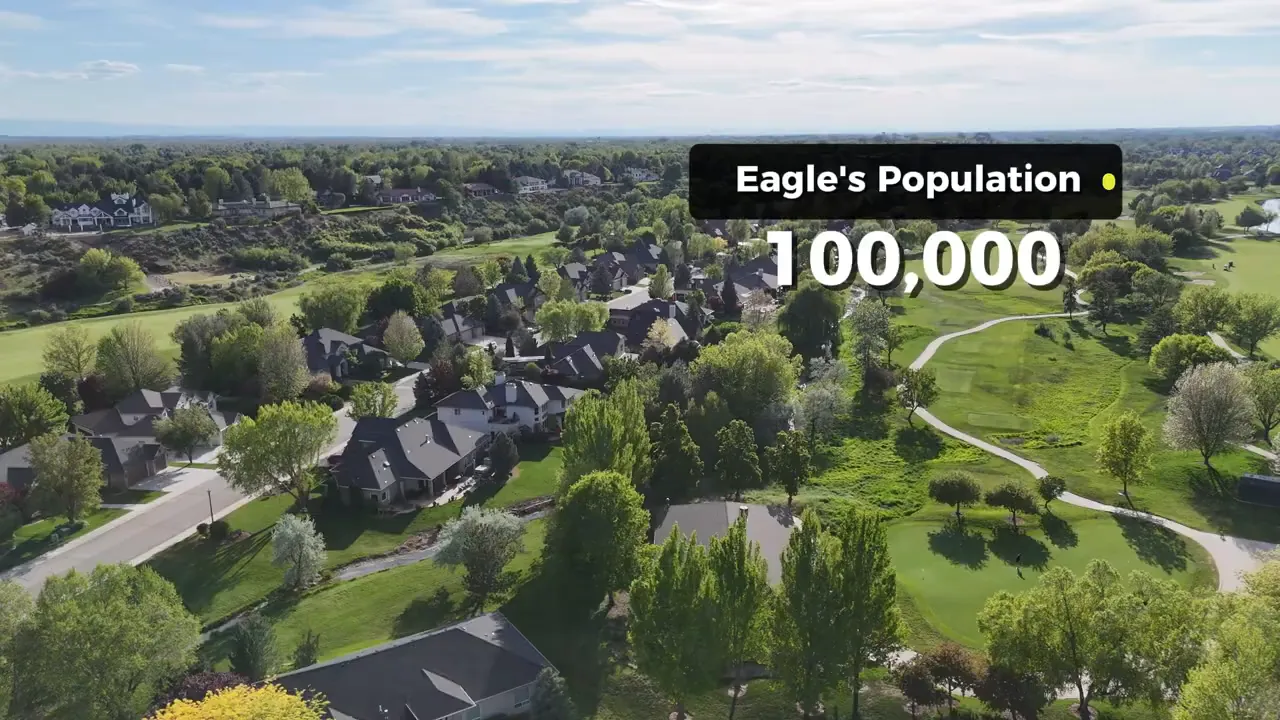 Aerial neighborhood view of Eagle, Idaho with population graphic showing 100,000