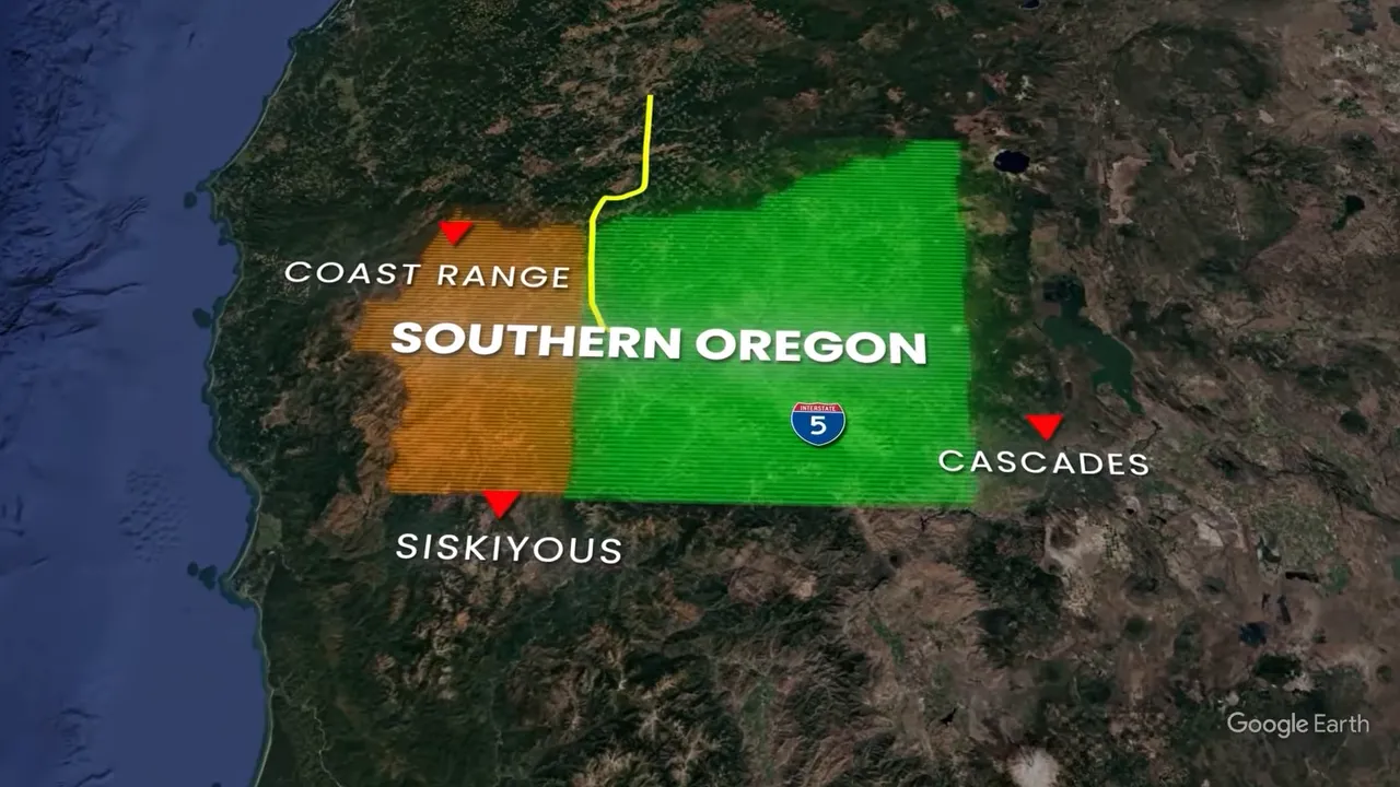 Map of Oregon highlighting Southern Oregon in green