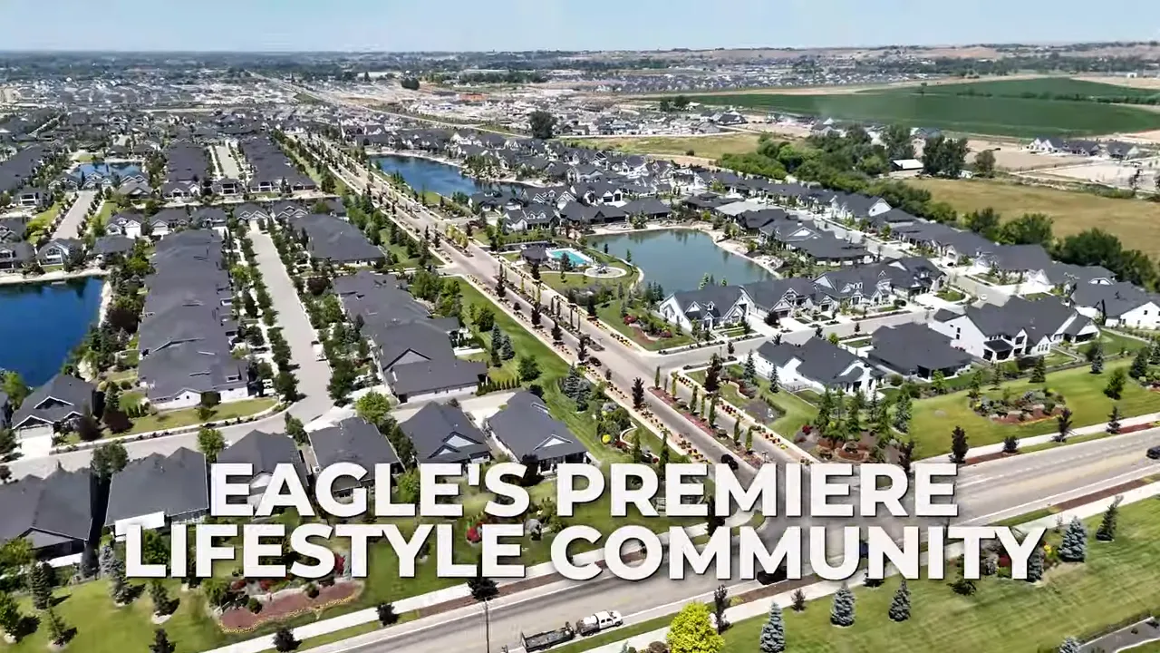 Aerial view of large planned neighborhood with text eagles premiere lifestyle community