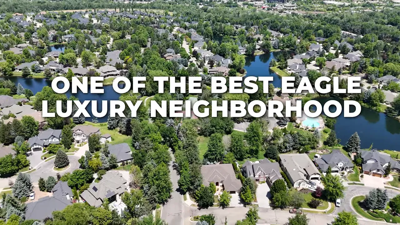 Aerial view of tree filled neighborhood with lakes and text about eagle luxury neighborhood