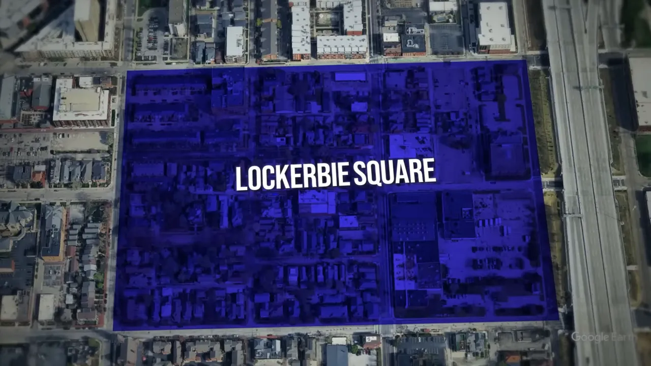 Aerial map highlighting Lockerbie Square district in blue