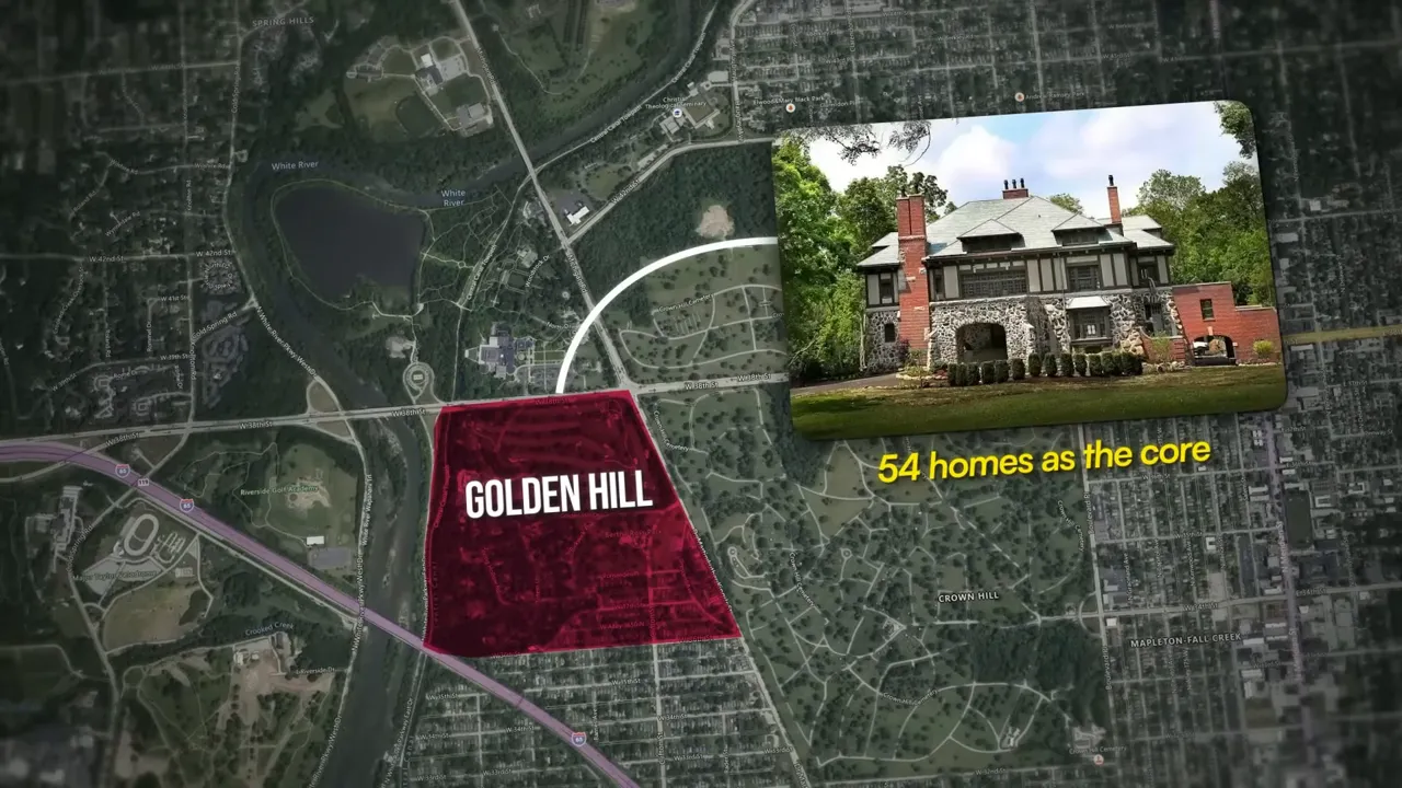 Split screenshot showing Golden Hill boundary on an aerial map and a historic estate home