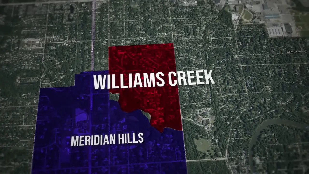 Map overlay highlighting Williams Creek and Meridian Hills on an Indianapolis satellite view
