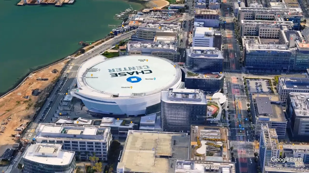 Aerial view of Chase Center arena by the waterfront
