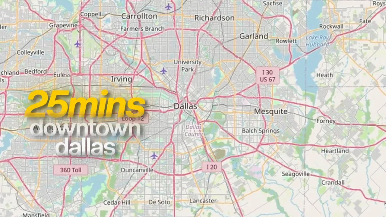 Regional map with text showing 25 minutes to downtown Dallas from Rockwall