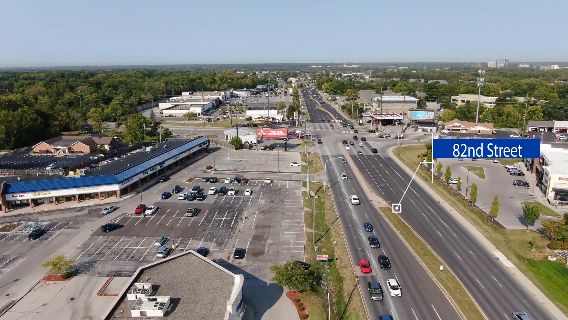 Overview of 82nd Street commercial area on North Side Indianapolis