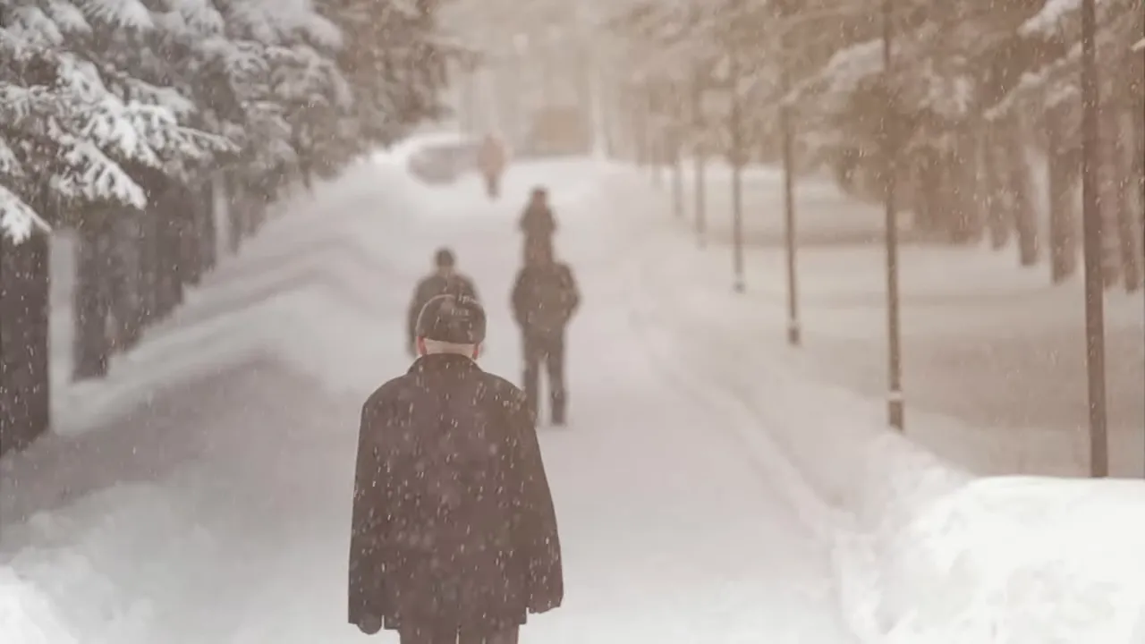 People walking in a snowstorm along a road with falling snow and winter conditions