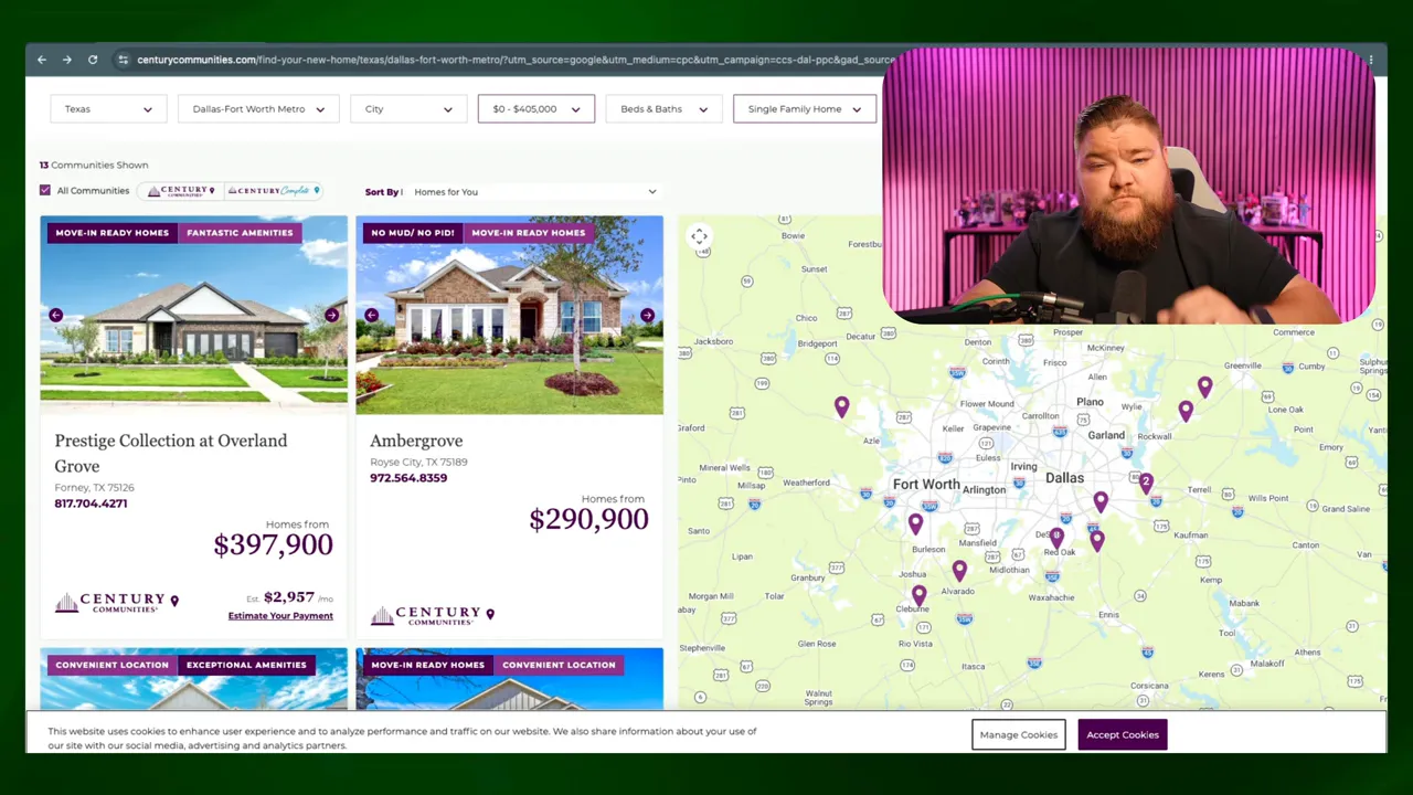 Builder website showing home cards on the left and a DFW map with listing pins on the right