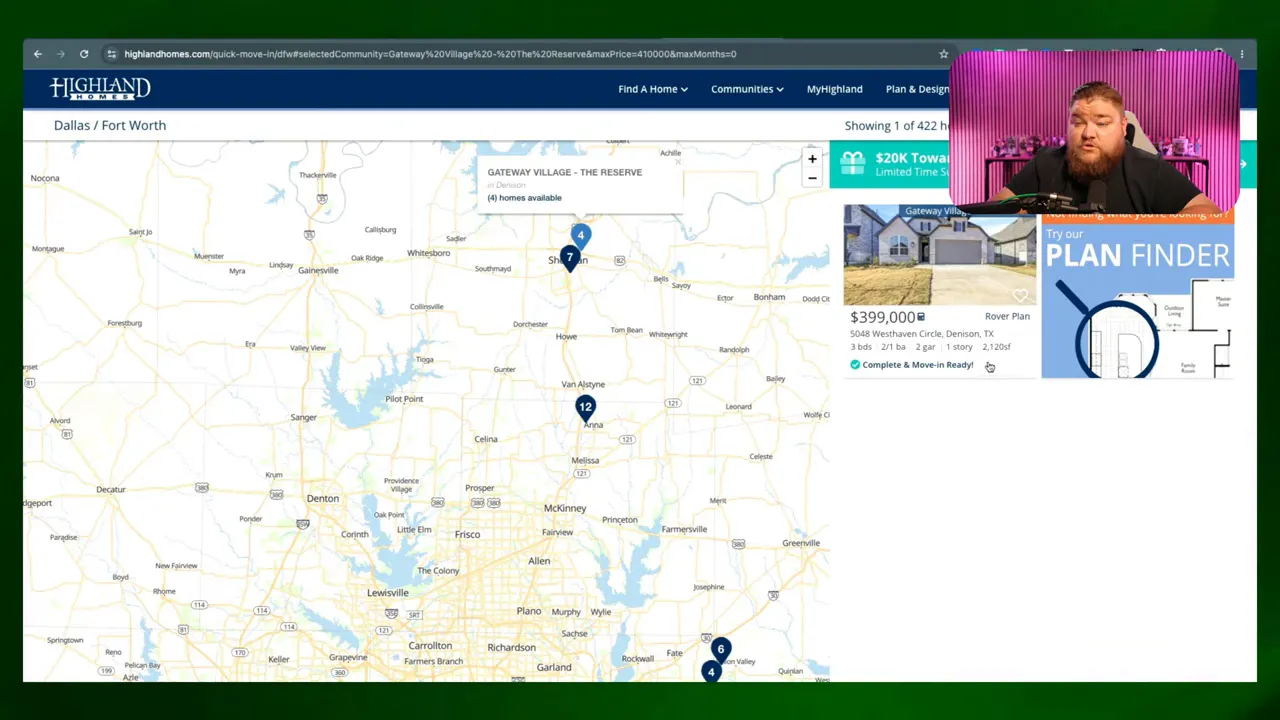 Highland Homes map with several community pins and a listing panel on the right