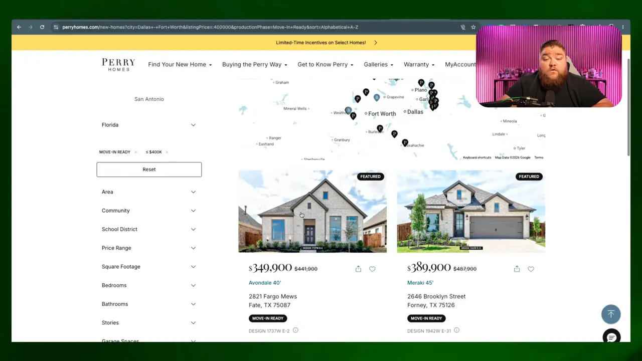 Perry Homes search page showing two inventory homes with map pins above and filters on the left