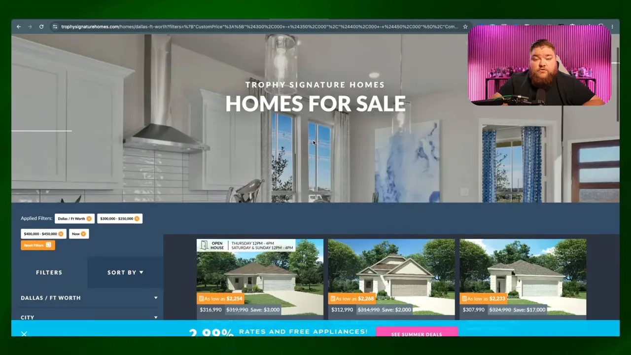Trophy Signature homes for sale page showing filters on the left and listing cards in a grid