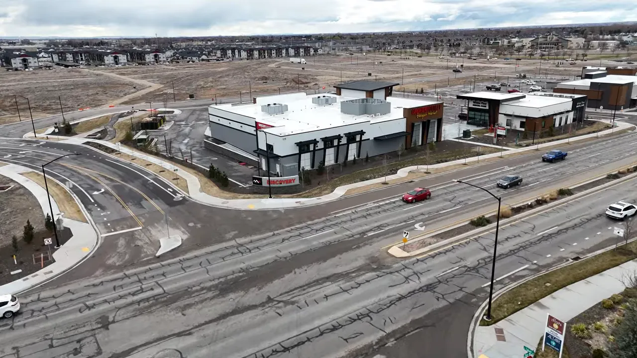 Aerial view of new commercial buildings and roads in Meridian