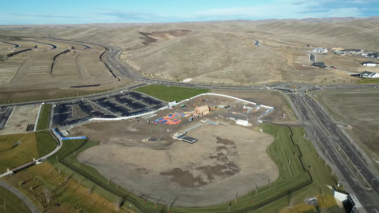 Aerial view showing infrastructure and construction progress for a master planned community near Eagle Idaho