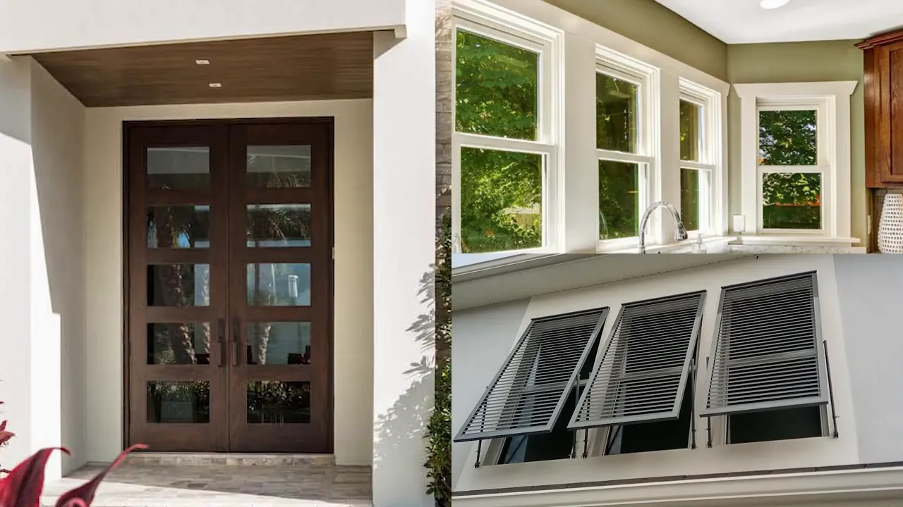 split screen showing front impact door and multiple house windows