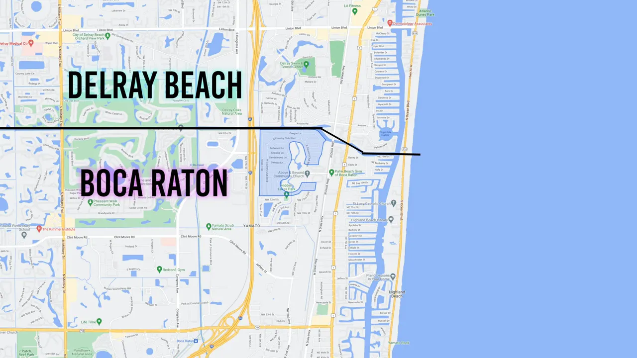 Map showing Boca Raton and Delray Beach locations with Hidden Valley area highlighted