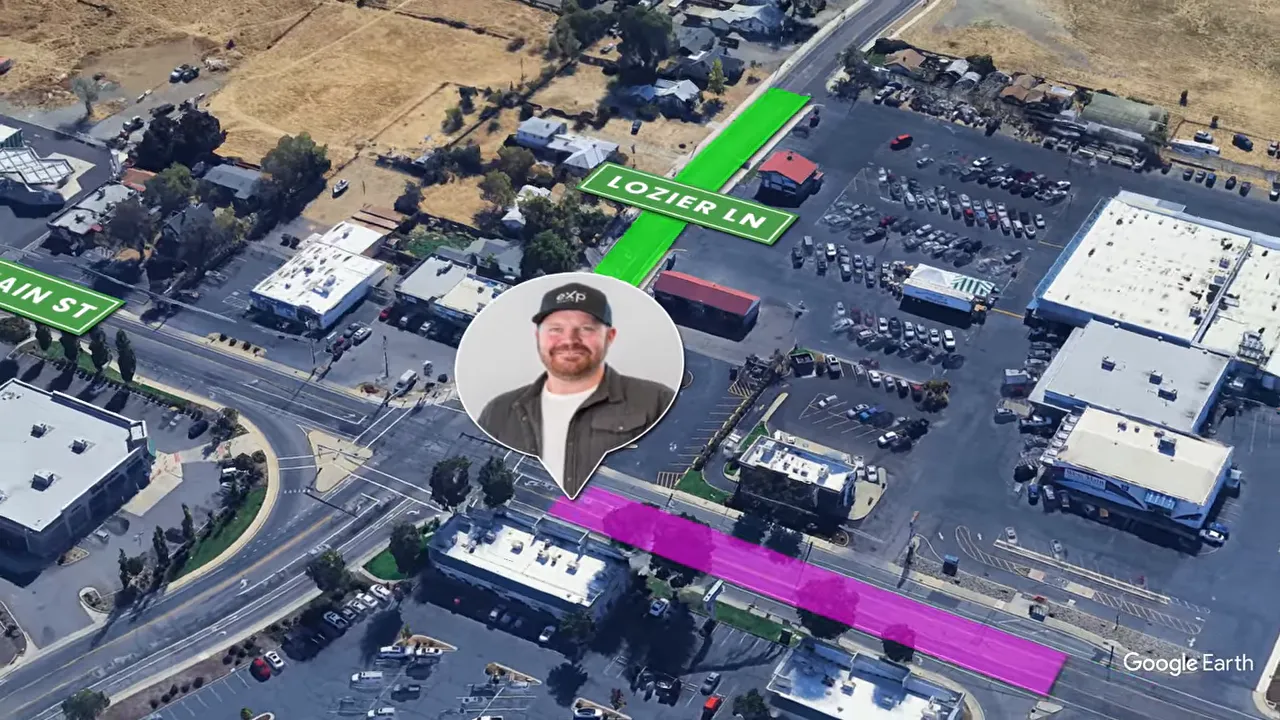 Aerial view of west Medford with businesses and new construction along a commercial corridor