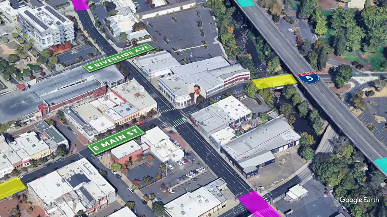 Aerial view of East Main St in downtown Medford near S Riverside Ave and Interstate 5