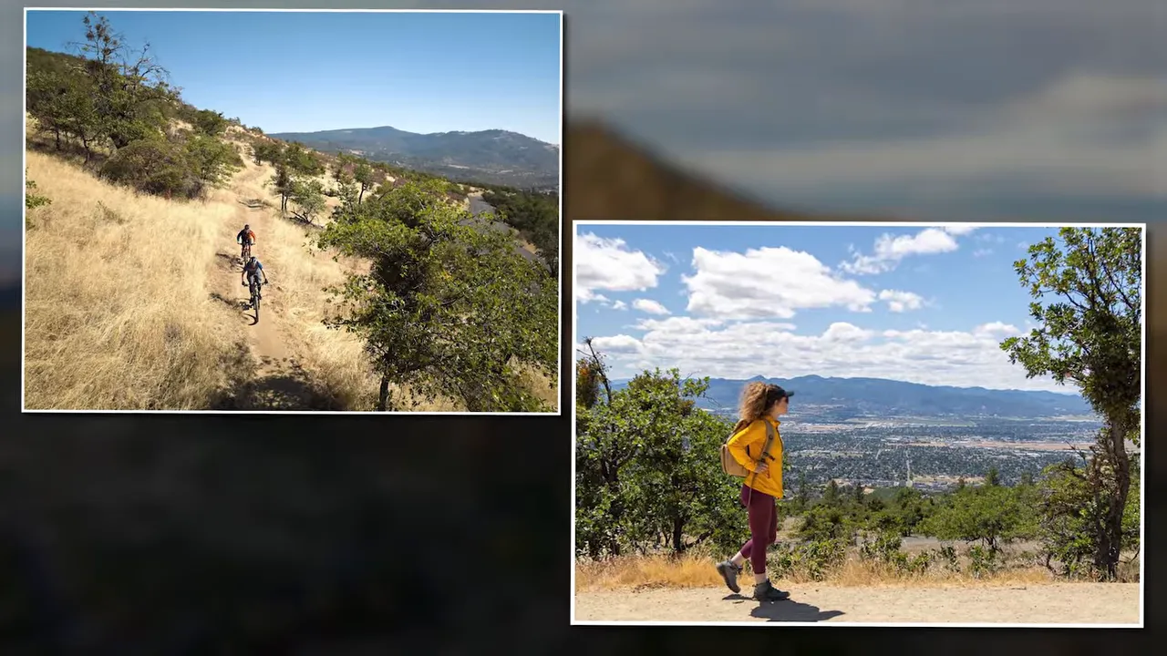 Person riding a bike on a dry hillside trail and another person overlooking the valley from a scenic viewpoint near East Medford Oregon