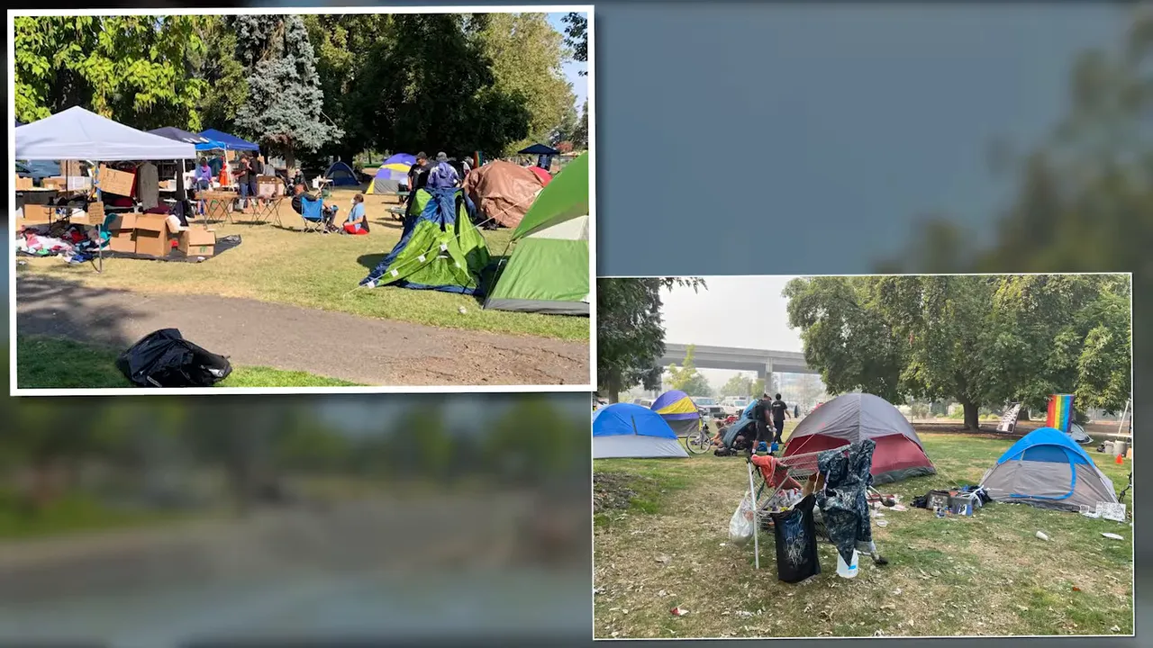Campsite tents in a grassy area near Hawthorne Park in Medford Oregon